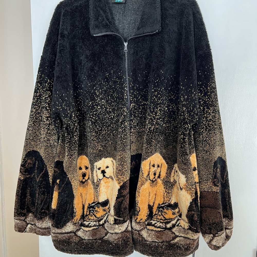Cozy Black and Brown Dog Print Zip-Up Jacket